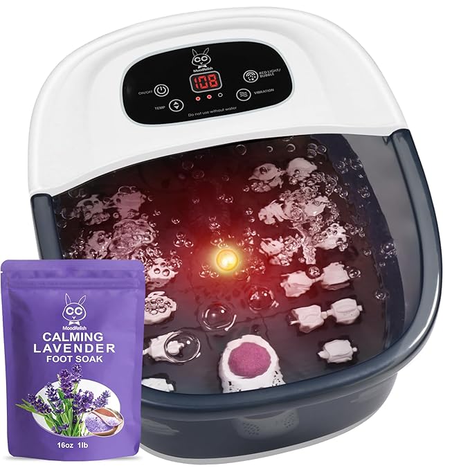 Foot Spa Bath Massager with Heat Bubbles and Vibration Massage and Jets, 16 OZ Calming Lavender Foot Soak Epsom Salt, Foot Soaker with Red Light, 22 Massage Rollers, Adjustable Temp - Grey - Bloomnest