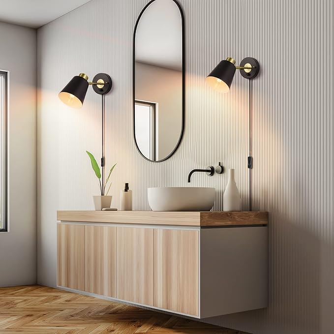 Wall Sconce Plug in, Dimmable Wall Sconces Adjustable Wall Lights with Plug in Cord and Dimmer On/Off Rotary Switch, Wall Mounted Light for Bedside Bedroom LivingRoom(2 Bulbs Included) - Bloomnest