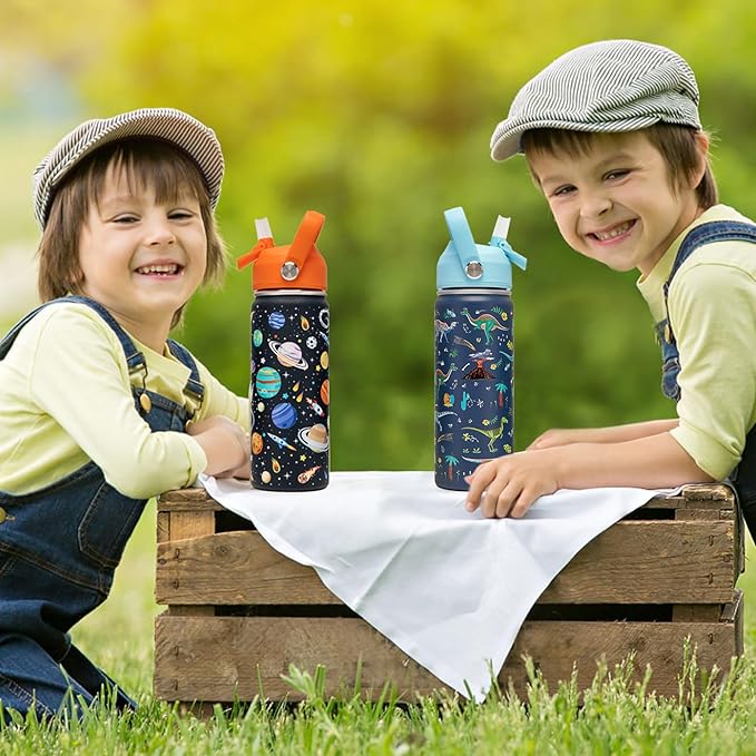 18oz Kids Insulated Water Bottle with Straw Lid - 18/8 Stainless Steel Kid Cup Travel Tumbler Double Wall Vacuum Leak Proof Portable Toddler Water Bottle (Space + Dinosaur) - Bloomnest