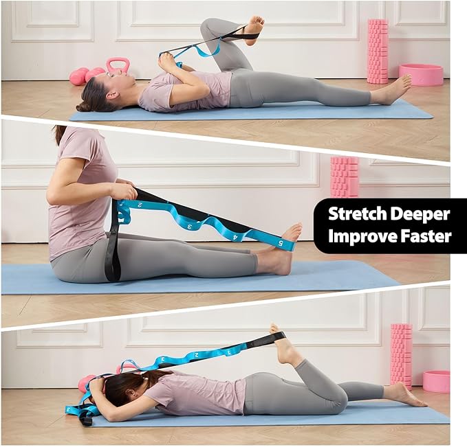 Stretching Strap with 10 Loops-Yoga Strap for Physical Therapy,Home Workout,Pilate & Flexibility Training,Non Elastic Exercise Stretch Band for Hamstring,Leg Stretcher Belt,Flexibility Fascia - Bloomnest