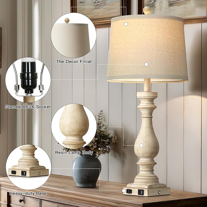 29" Tall Vintage Table Lamps Set of 2,Farmhouse Bedside Lamps with USB C+A Ports & AC Outlet,3-Way Dimmable Touch Lamp for Night Stands Living Room Bedroom,Beige - Bloomnest