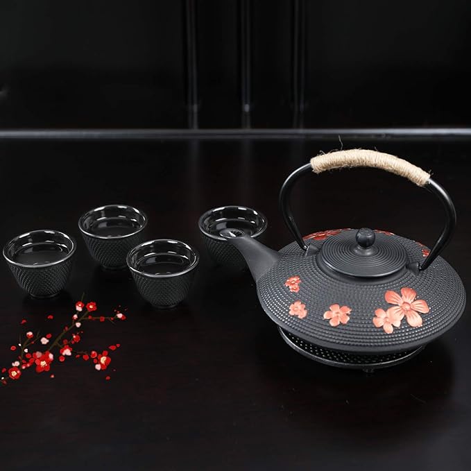Japanese Style Cast Iron Teapot with 4 Tea Cups Trivet Tetsubin StovetopTea Kettle with Infuser Chinese Iron Tea Pot Tea Set for Adults Black (Pear Flower Pattern) - Bloomnest