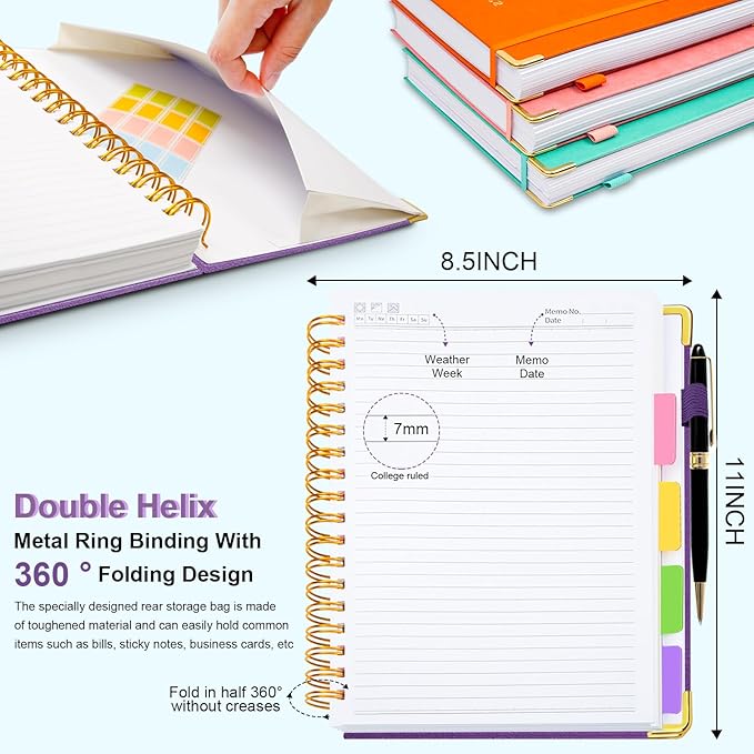 Hardcover Spiral Notebook 8.5"x11" Journal Notebook with Tabs and Removable Dividers 300 Pages 5 Subject Notebook College Ruled, Faux Leather Spiral Bound Notebook for Women School Work (Purple) - Bloomnest