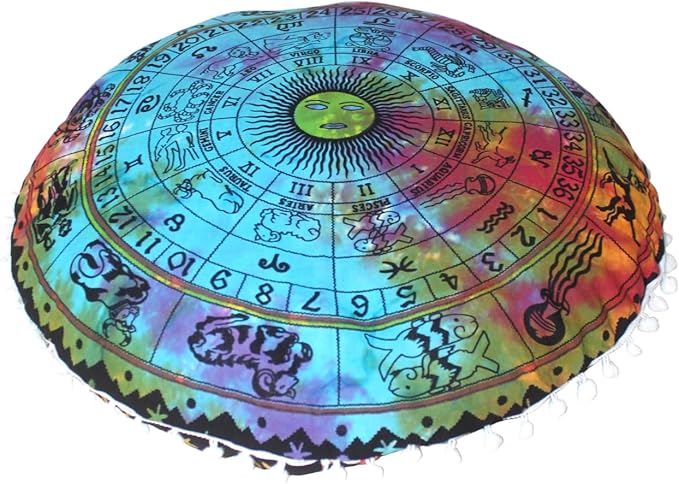 CRAFT KALA 32" Round Large Round Bohemian Floor Pillow Pouf Cover Mandala Meditation Room Pillow Cover for Adults Boho Seating Poufs Cushion Cover for Kids Playroom Multi Zodiac - Bloomnest