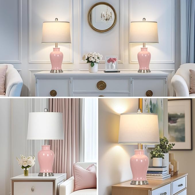 23" Ceramic Table Lamps Set of 2, Modern Ceramic Lamps for Living Room, Cute Bedside Lamps with Ginger Jar Design, Elegant Bedroom Lamps for Nightstand Dining Room Desk Side End Table Home Decor, Pink - Bloomnest