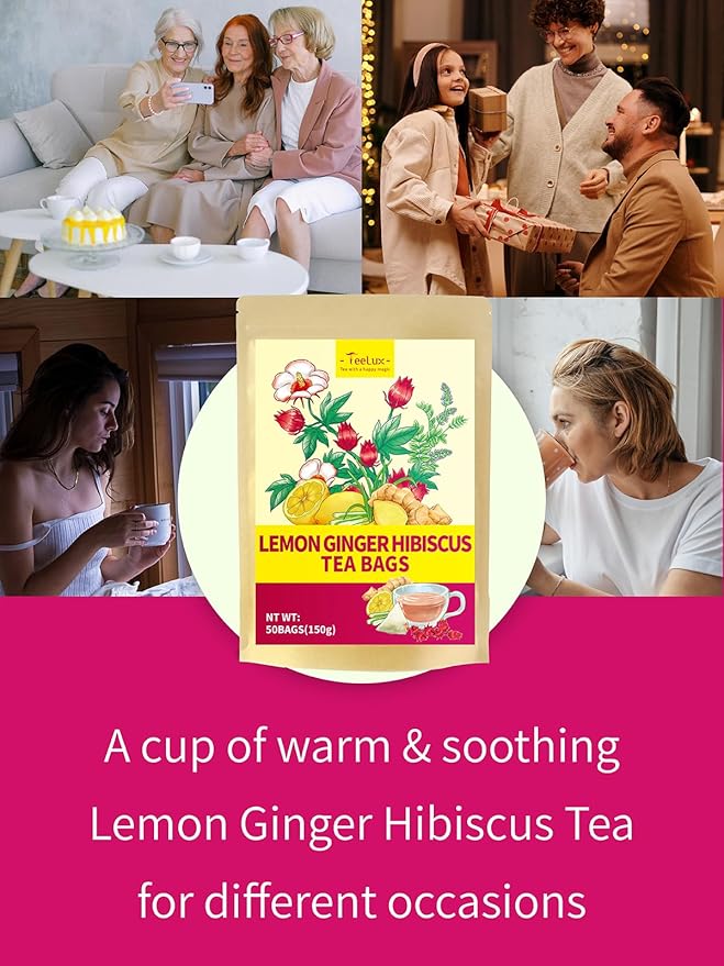 TeeLux Lemon Ginger Hibiscus Tea, Refreshing Lemongrass With Spicy Ginger, Tart Hibiscus, Sweet Licorice, Caffeine Free, 50 Count - Bloomnest