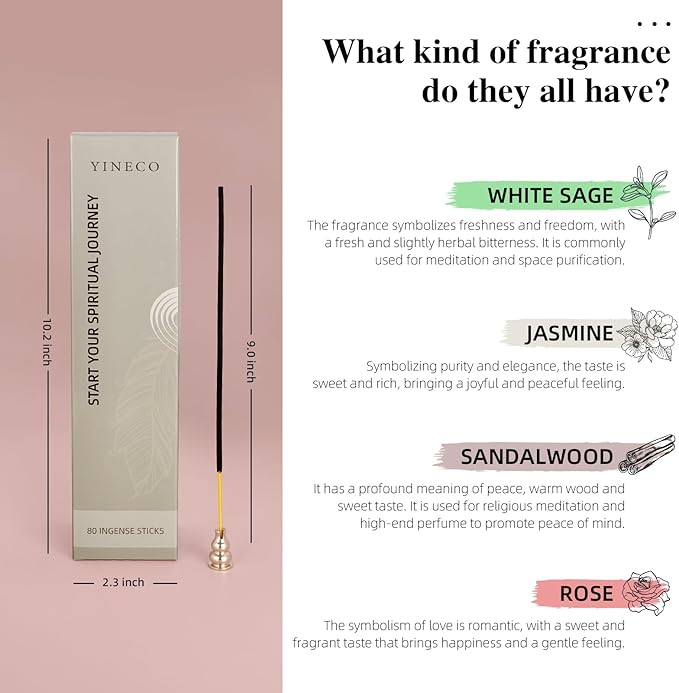 Incense Sticks Set of 80-6 Scents (Palo Santo, Sandalwood, Jasmine, Rose Geranium) Organic & Slow-Burning for Relaxation, Meditation & Positive Vibes (Hopeful) YINECO