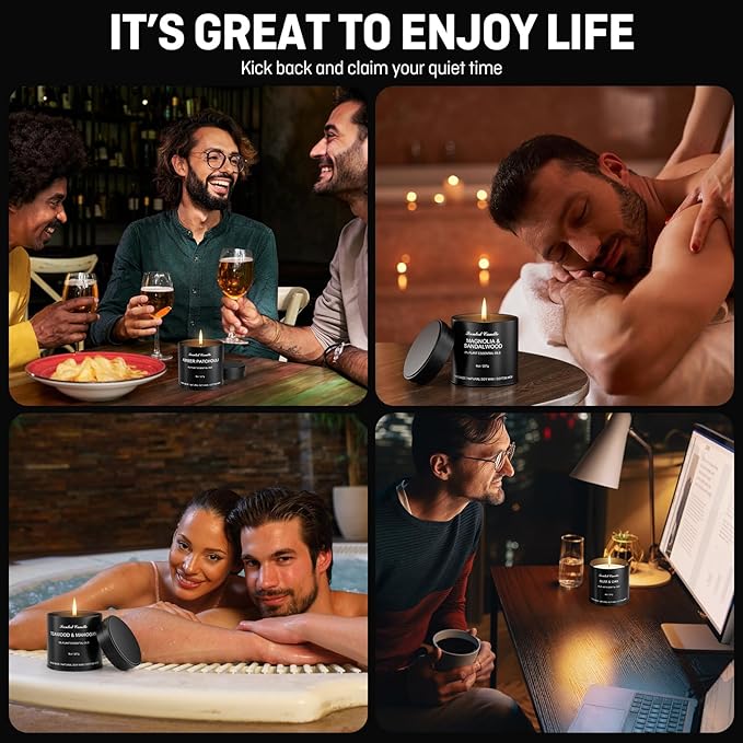 Men's Scented Candle Sets | 4 Pack Aromatherapy Candles Gift in Matte Black Tins for Christmas,Father | Soy Wax Manly Candles of Amber Patchouli,Rum&Oak,Teawood&Mahogany,Magnolia&Sandalwood - Bloomnest