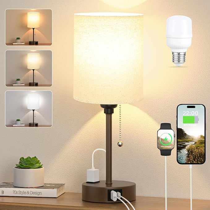 Dicoool Small Bedside Table lamp for Bedroom - 3 Color Temperatures Brown Bedside Lamps with USB C and A Ports, Pull Chain Table Lamps with AC Outlet, Black Nightstand Lamps for Kids Reading Study - Bloomnest