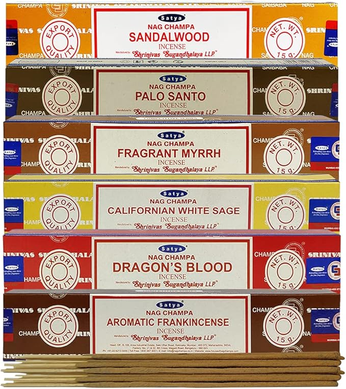 Satya Incense Sticks Variety Pack #10 and Holder Bundle with 6 Classic Fragrances Sandalwood Dragon's Blood Palo Santo White Sage TRUMIRI