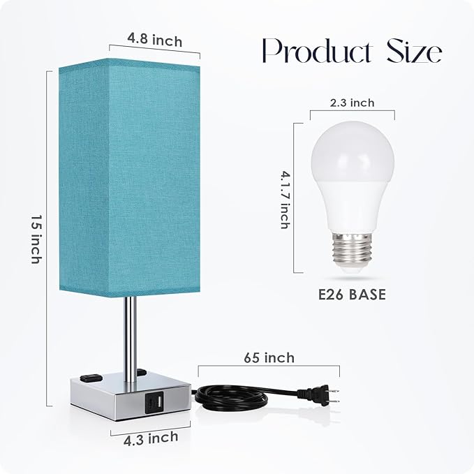 Bedside Lamp with USB Ports - Touch Control Table Lamp for Bedroom with USB C+A Charging Ports & AC Outlets, 3 Way Dimmable Nightstand Light with Flaxen Shade for Living Room (LED Bulb Included, Blue) - Bloomnest
