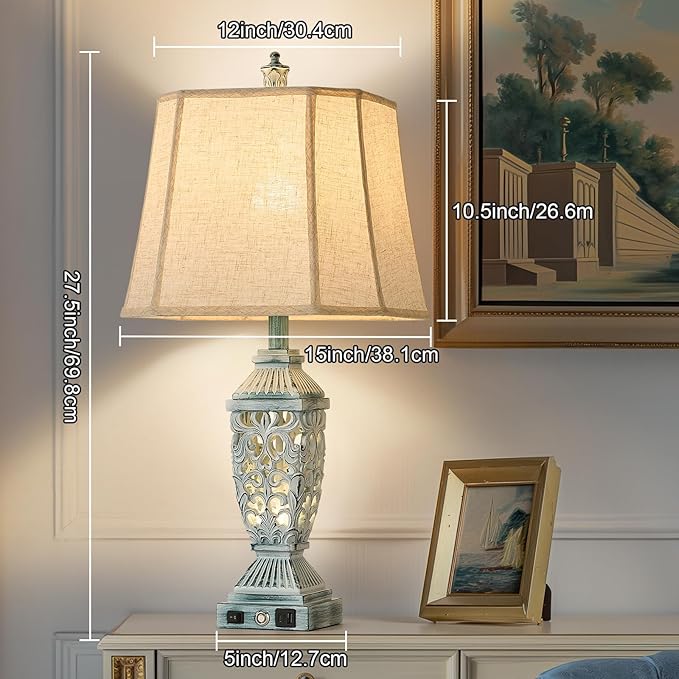 AIDENOEY Farmhouses Table Lamp with USB & USB-C Charging Ports, 3-Color Dimmable & Stepless Bottom Dimming, Touch Control & Switch, Vintage Bedside Lamp for Bedroom Living Room Office,(27.5" high) - Bloomnest