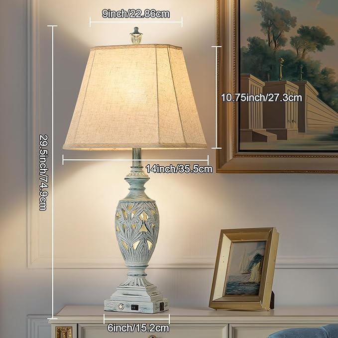 29.5"H Touch Control Traditional Table Lamp Set of 2,Vintage Bedside Lamp Nightstand Lamps with Dual USB Ports,3-Way Dimmable Hollow Out Leafwork Blue Washed Finish Desk Lamps for Living Room,Bedroom - Bloomnest
