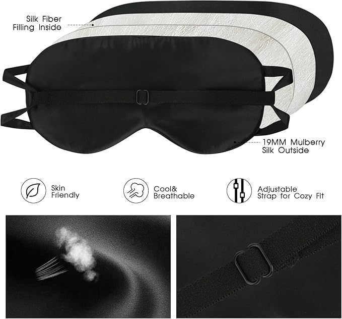 Adjustable Silk Sleeping Mask for Travel/Plane/Side Sleeper Pure Mulberry Silk Eye Mask for Sleep/Men/Women/Adults Thin Cooling Eye Cover,Black - Bloomnest