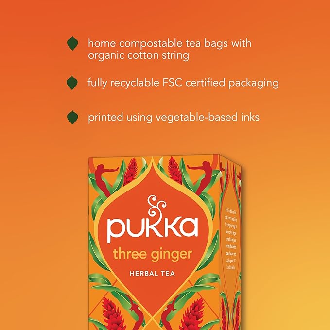 Pukka Three Ginger Organic Herbal Tea, Digestion-Aiding Infusion With Ginger, Turmeric, and Galangal, Tea Gift Set Ideal After Meals, Caffeine Free, 20 Total Bags