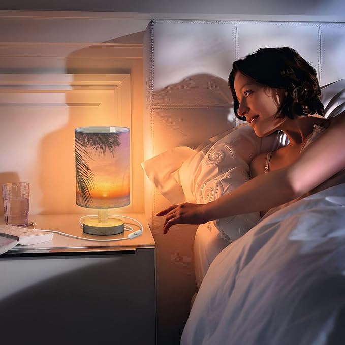 Table Lamp Sunset Ocean Palm Tree Tropical Summer Nightstand Lamp with Wood Base Fabric Lamp Shade Bedside Desk Lamp for Living Room Bedroom Kids Room Office - Bloomnest