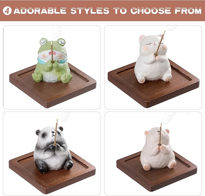 Lionpower Incense Holder for Sticks with Burner & Ash Catcher - Resin Frog, Wooden Tray, 10 Incense Sticks for Meditation Yoga Spa, Cute Home Decor Room Accessories (Frog)