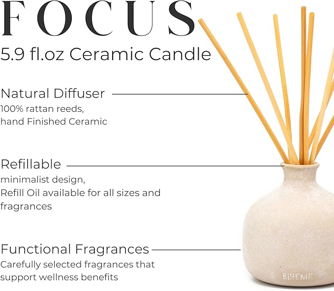BLUEME Focus-Eucalyptus & Lime, 5.92 Fl Oz Wellness Diffuser, Contains Essential Oil, Sustainable, Hand Finished, Premium, Luxury Ceramic, Natural Rattan Reeds - Bloomnest