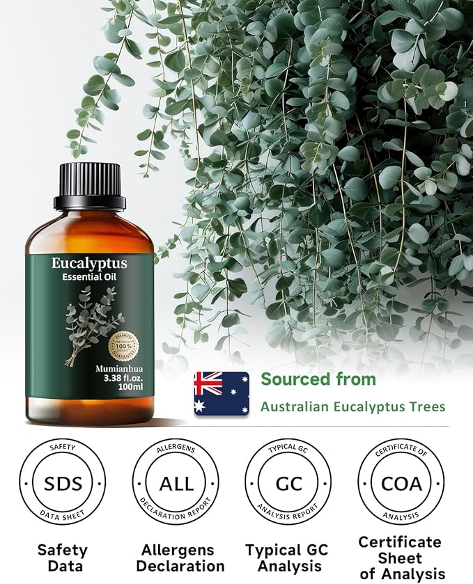 Pure Eucalyptus Essential Oil, Mumianhua Natural Eucalyptus Oil for Diffuser, Face, Skin, Aromatherapy, Hair, Scalp and Body Massage,Spray Candle Making, Outdoor Freshness, Invigorating Air 3.38 Fl Oz - Bloomnest