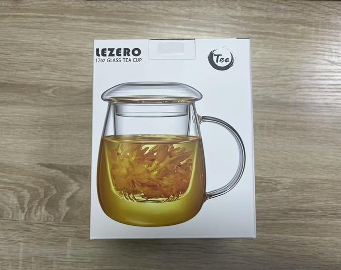 Lezero Glass Tea Cup with Strainer and Lid Gift Kit, Borosilicate Infuser Mugs with Filter for Blooming & Loose Leaf Tea, Heat Resistance, Lead-free, Microwave & Dishwasher Safe, 17oz - Bloomnest