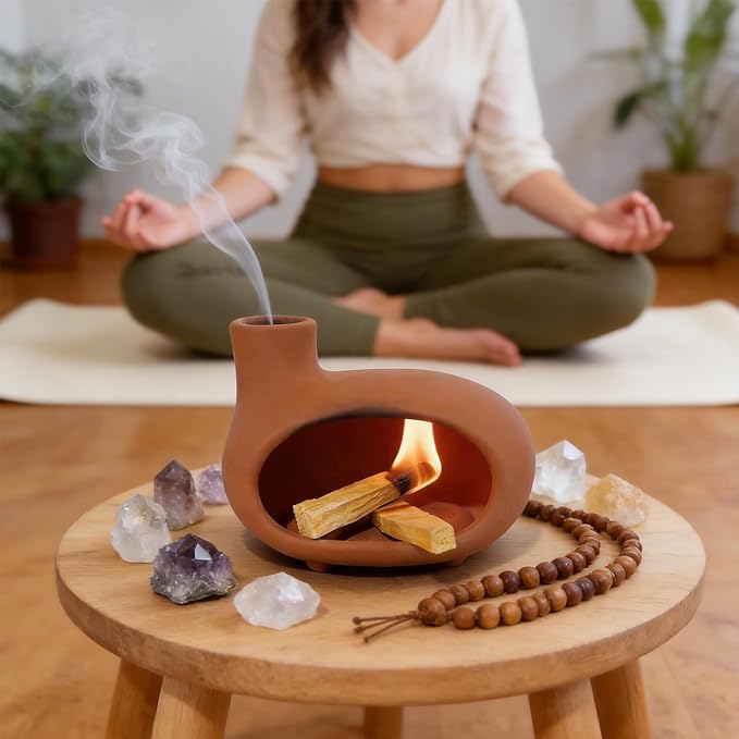 Handmade Terracotta Orange-red Palo Santo Holder - Mini Chiminea Incense Burner Chimney for Palo Santo Sticks, Sage & Cones - Smudge Bowl for Energy Cleansing,Meditation & Aromatherapy Gifts