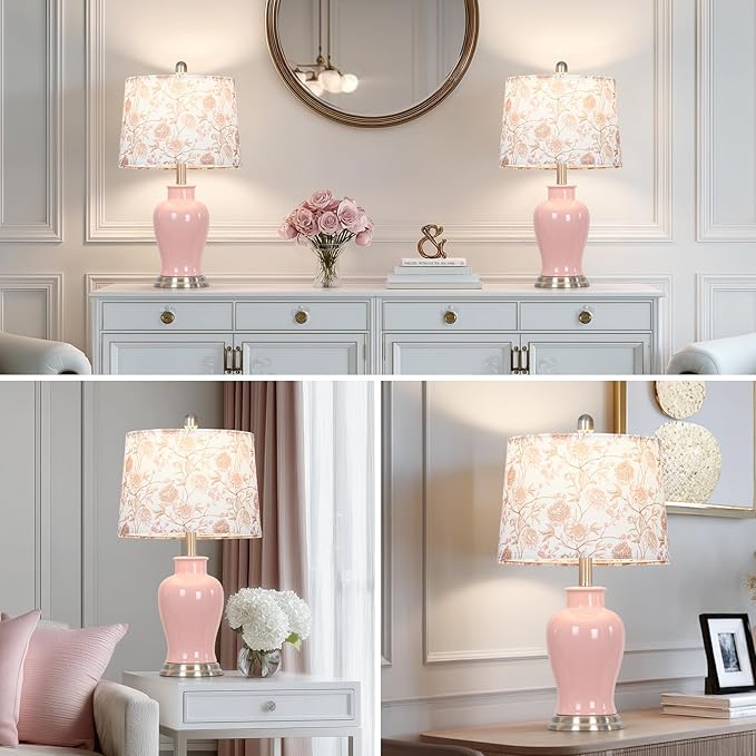 Pink Ceramic Table Lamp with Flower Lampshade, 23" Cute Bedroom Lamp with Ginger Jar Design, Modern Living Room Lamps Set 2, Elegant Bedside Lamps for Nightstand End Table Home Decor - Bloomnest