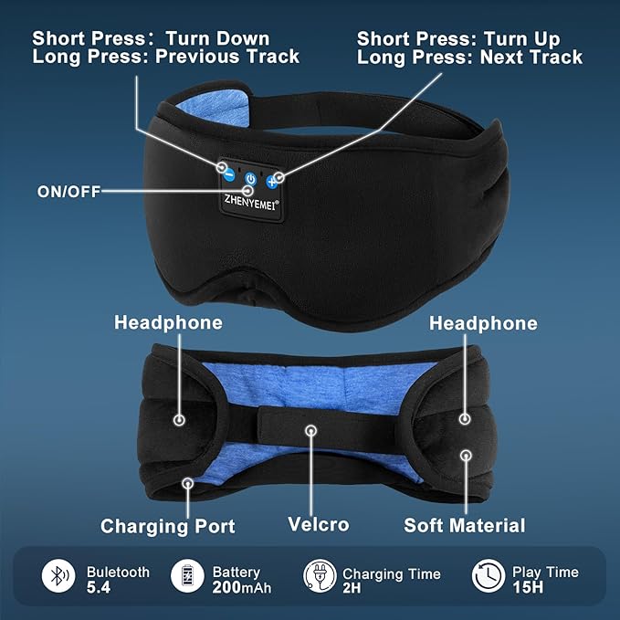Deep Sleep Mask with Bluetooth 5.4 Headphones - Blackout Sleeping Mask Side Sleeper Eye Masks Earphone Rechargeable Headband Wiless Music Ear Muffs Portable Travel Essentials Gift for Women Men Mom - Bloomnest