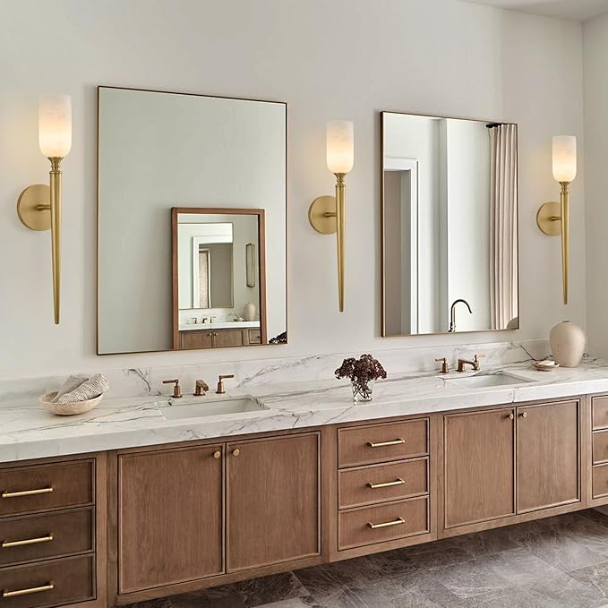 Vintage Alabaster Brass Wall Sconce: Set of 2 Antique Spanish Natural Marble Modern Vanity Wall Lights - 21.6" Long Linear Brushed Gold Sconces - Indoor Sconce for Bathroom Hallway Bedroom Living Room - Bloomnest