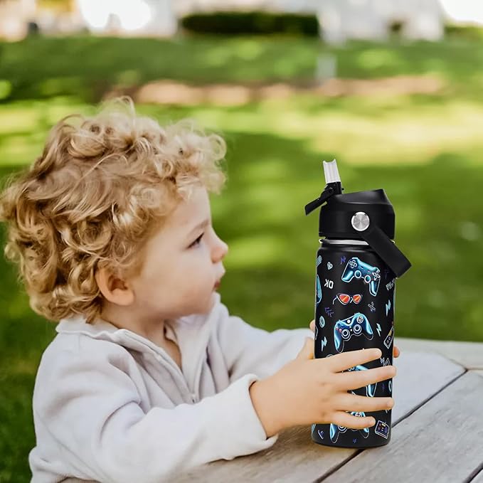 18oz Kids Insulated Water Bottle with Straw Lid - 18/8 Stainless Steel Kid Cup BPA-FREE Travel Tumbler Double Wall Vacuum Leak Proof Portable Toddler Water Bottle (Game) - Bloomnest