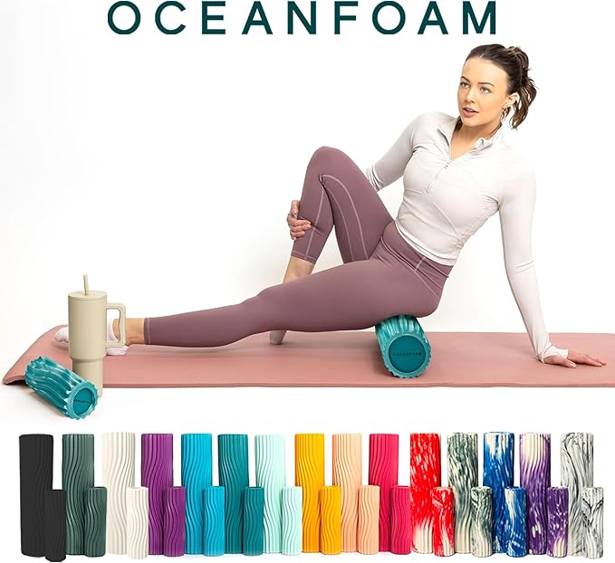Oceanfoam Ripple Travel Foam Roller (11" x 3.35") Firm Mini Foam Roller for Physical Therapy, Deep Tissue Massage, Back Pain - High Density, Wave Textured - Yoga, Exercise (Jade & Seafoam Marbled) - Bloomnest