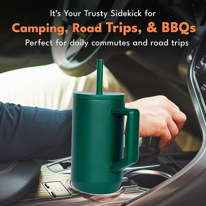 Elemental 40 oz Tumbler with Handle and Straw - Spill Proof Insulated Stainless Steel Commuter for Hot and Cold Beverages - Travel Coffee Mug with 2 Straws & Spill Proof Lid - 40oz - Forest Green - Bloomnest