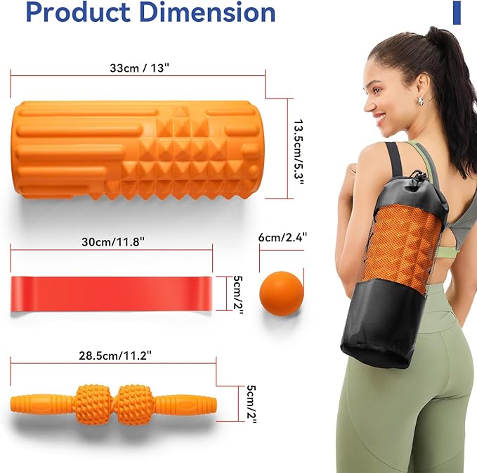 5 in 1 Foam Roller Set - Deep Tissue Foam Roller, Muscle Roller Stick, Massage Ball, Resistance Band for Physical Therapy & Deep Tissue Muscle Massage (Orange) - Bloomnest