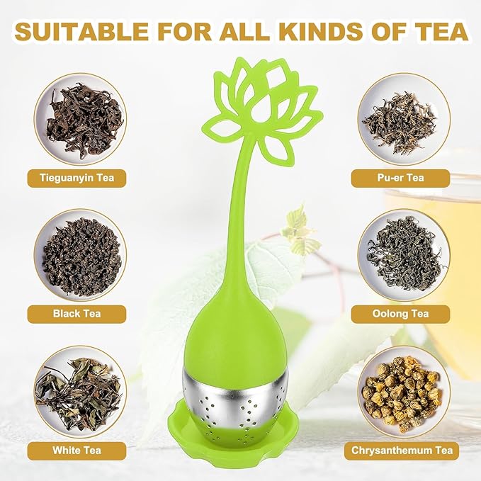 uxcell 2 Pcs Lotus Tea Infuser, Stainless Steel Loose Leaf Tea Steeper Filter with Silicone Handle Reusable Coarse Pores Mesh Strainer Diffuser for Teacups Teapots Mugs, Green - Bloomnest