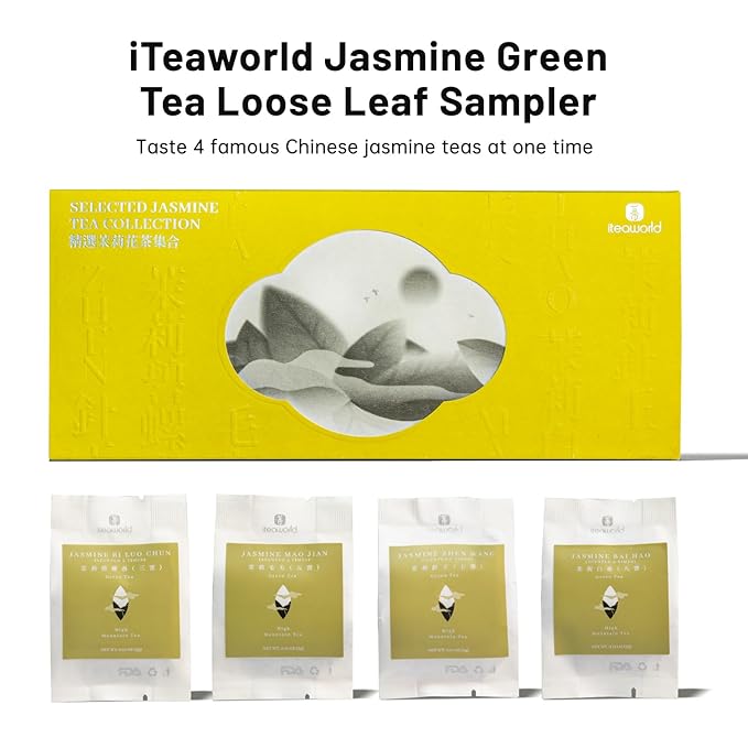 iTeaworld Jasmine Green Tea Loose Leaf Samplers Set, With Different Flowery Aromas, No Sweetener, Sweet After Taste, 4 Different Grades of Jasmine Tea Loose Leaf, 16 Pack/56g - Bloomnest