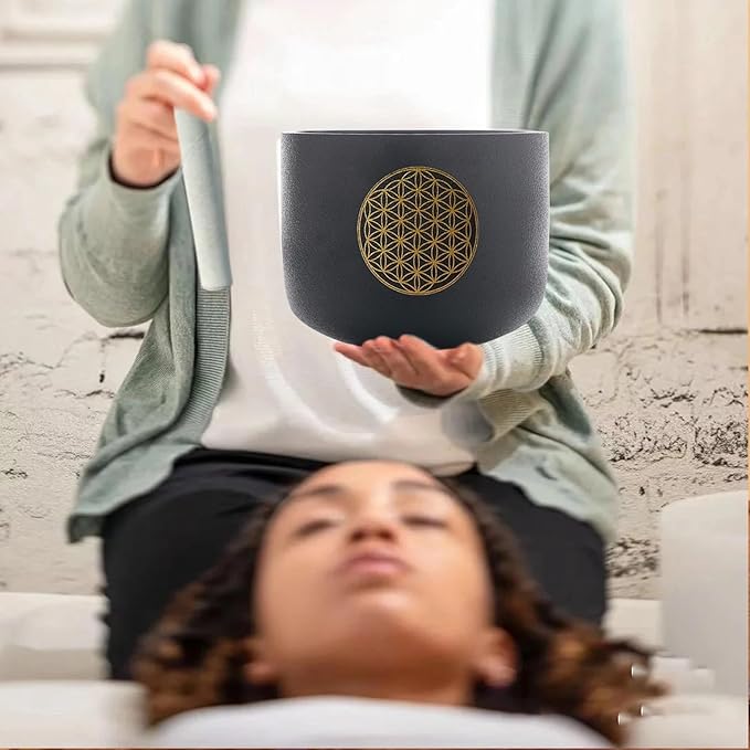 6" B Note Flower of Life Black Crystal Singing Bowl Frosted Quartz Crown Chakra Meditation Sound Healing Suede Striker O-ring - Bloomnest