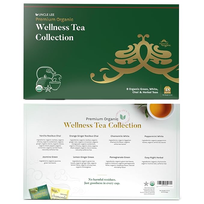 Uncle Lee’s Organic Tea Variety Gift Set – Wellness Collection with 8 Teas (6 Bags Each) in a Premium Gift Box, 3.3 Oz - Bloomnest