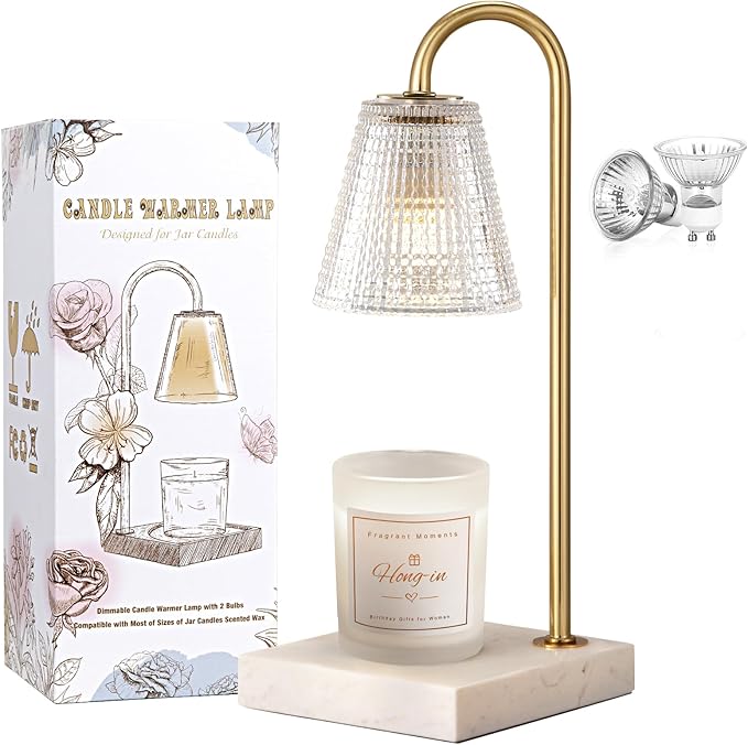 Hong-in Modern Gold and Marble Candle Warmer Lamp with Textured Glass Shade, Elegant Candle Lamp for Bedroom Living Room Kitchen, Luxury Home Decor Accent Lamp,Birthday Gift for Women