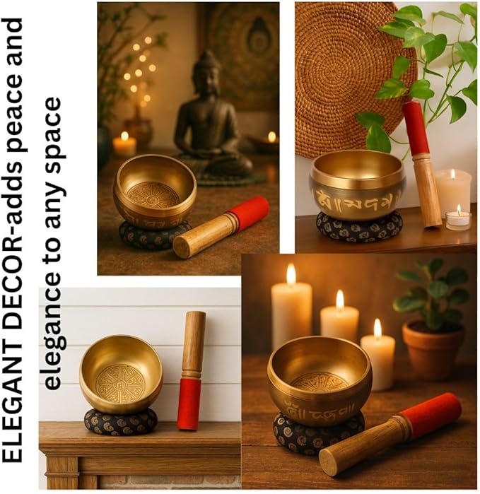 Tibetan Singing Bowl Set - Meditation Sound Bowl | Spiritual Gift for Women and Men Handmade Yoga Accessories (4" Engraved) GUAAFA