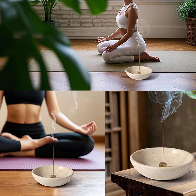 Koville Natural Marble Incense Holder, Incense Holder for Sticks with 9 Holes, Handmade Incense Burner Ash Catcher for Meditation Yoga SPA, Balsam Fir/Palo Santo/Sage/Cone (Travertine) - Bloomnest