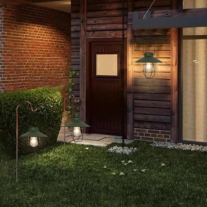 pearlstar Solar Lantern Outdoor Hanging Light Metal Farmhouse Solar Lamp with Warm White Edison Bulb Design for Garden Yard Patio Proch Decor(Green) - Bloomnest