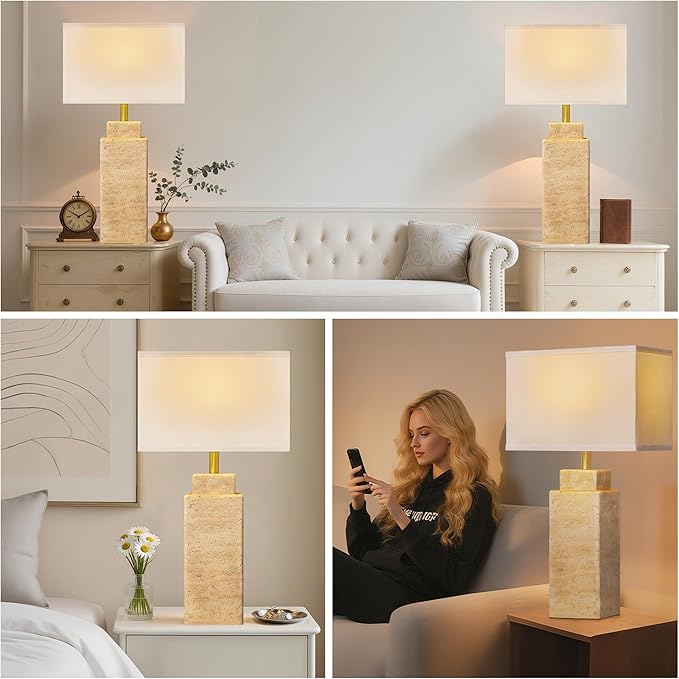 27.6" Vintage Table lamp, Farmhouse Bedside Table Lamps for Bedroom, Living Room, Dining Office, Huangdong Stone Color Lamp Base with White Linen - Bloomnest