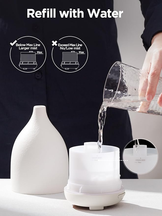 InnoGear Oil Diffuser, 150ML Ceramic Diffuser for Essential Oils Handcrafted Aromatherapy Diffuser Ultrasonic Cool Mist Humidifier with 2 Mist Modes Waterless Auto Off for Room Office, White Base - Bloomnest