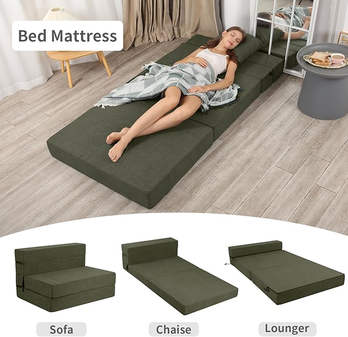 Folding Sofa Bed, High-Density Memory Foam Sofa Bed with a Fluffy Pillow, Folding Floor Couch Guest Bed, Twin Size, Green - Bloomnest