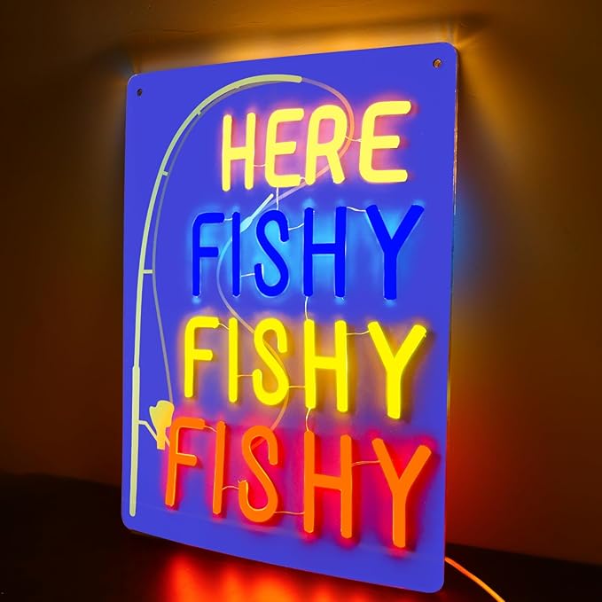 Funny Here Fishy Neon Sign Dimmable Fish Neon Light Wall Decor for Fishing Gear Store,Game Room, Man Cave Gift Art for Fishing Enthusiast-15.9 x 12.1IN-USB Powered-Acrylic - Bloomnest