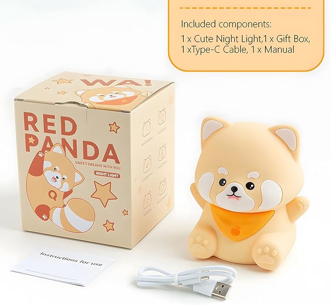 Cute Red Panda Lamp, LED Squishy Animal Night Light for Kids Sleep, Breastfeeding Nursery Nightlight for Room Decor, Rechargeable Bedside Touch Silicone Lamp, Unique Dorm Decor Gift Toy - Bloomnest
