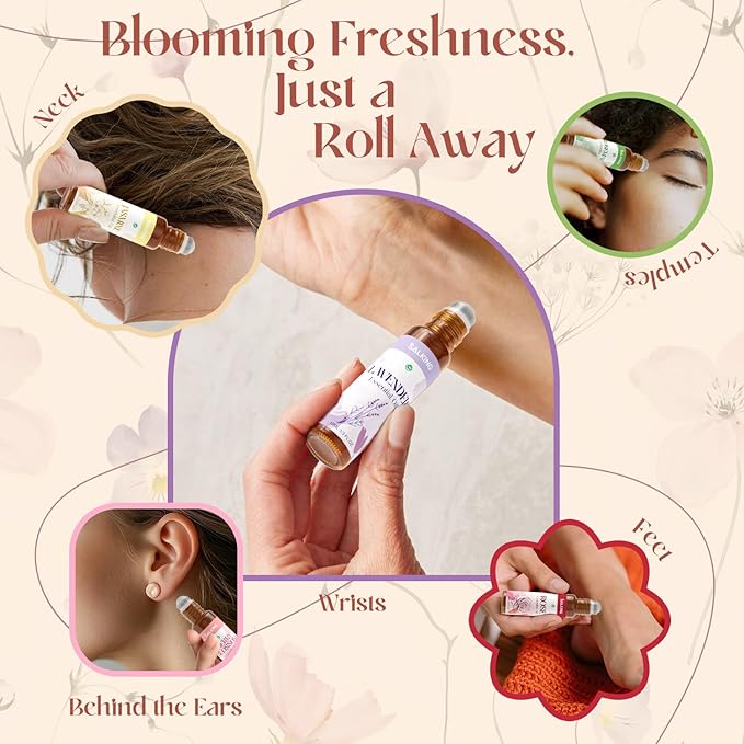 SALKING Essential Oils Roll On Set with Dried Flowers(6 Pack), Aromatherapy Oil with Roller Ball for Skin Use, Natural Fragrance Gift - Rose, Lavender, Cherry Blossom, Jasmine, Mint, Rosemary - Bloomnest