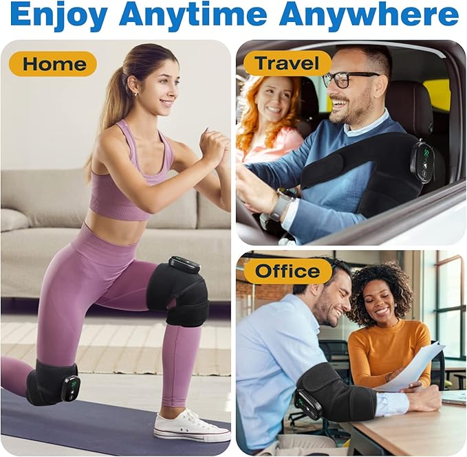Knee Massager with Heat and Vibration, Cordless Knee Heating Pad Shoulder Brace, Heated Knee Elbow Shoulder Brace Wrap for Arthritis (Pack of 2 Black) - Bloomnest