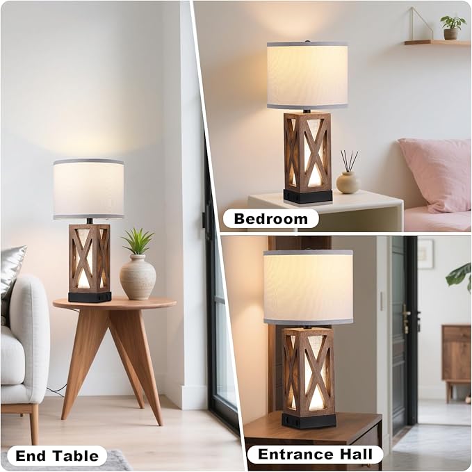 Set of 2 Wood Table Lamp, Vintage Nightstand Lamp with USB Charging Ports A/C, Farmhouse Bedside Lamps for Living Room - Bloomnest