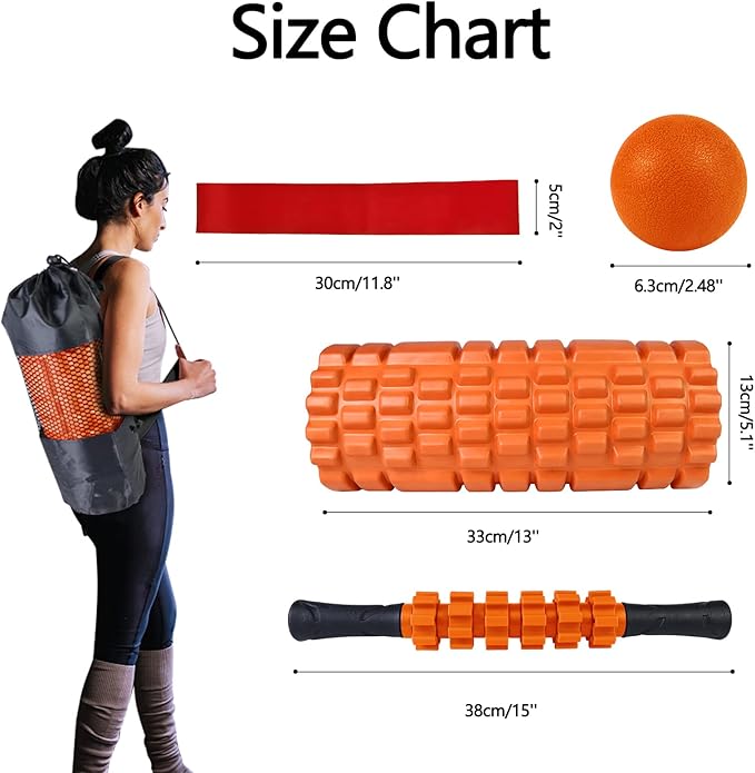 5 in 1 Foam Roller Set for Deep Tissue Muscle Massage, Trigger Point Fitness Exercise Roller, Massage Ball, Stretching Strap, Whole Body (Orange) - Bloomnest