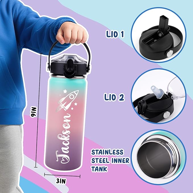 Personalized Water Bottles for Kids, Custom 18 oz Water Bottle for School with Engraved Name, Stainless Steel Tumbler for Kids with Straw, Birthday Christmas Gifts for Girls Boys - Bloomnest